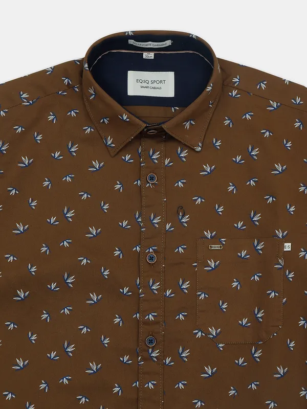 EQIQ brown printed cotton hue shirt