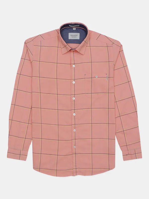 EQIQ checked peach color cotton casual shirt