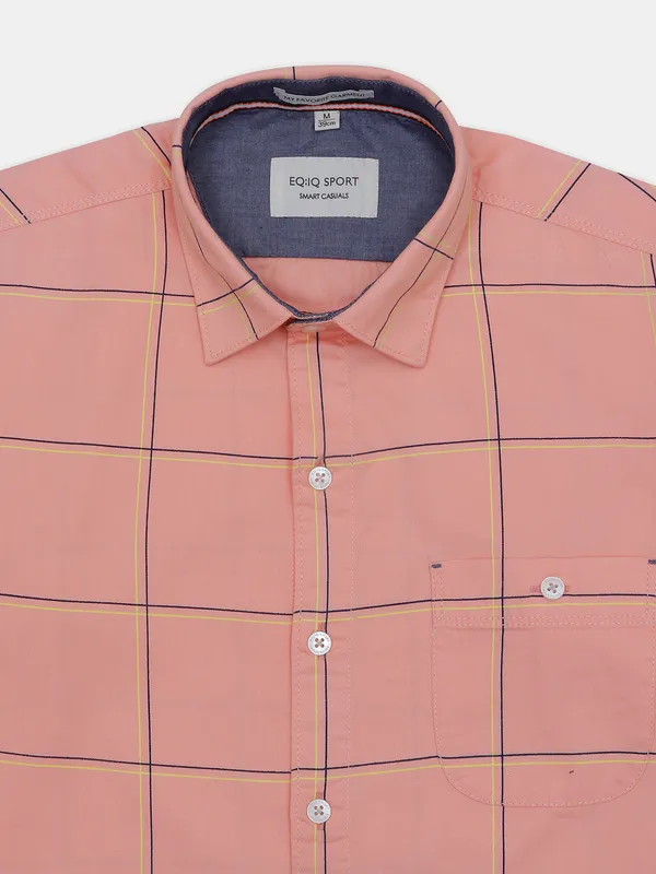 EQIQ checked peach color cotton casual shirt