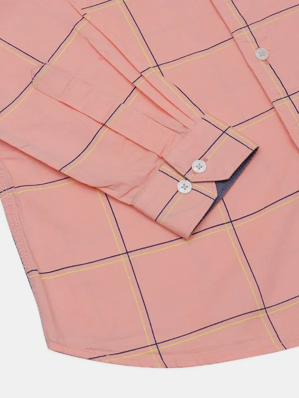 EQIQ checked peach color cotton casual shirt