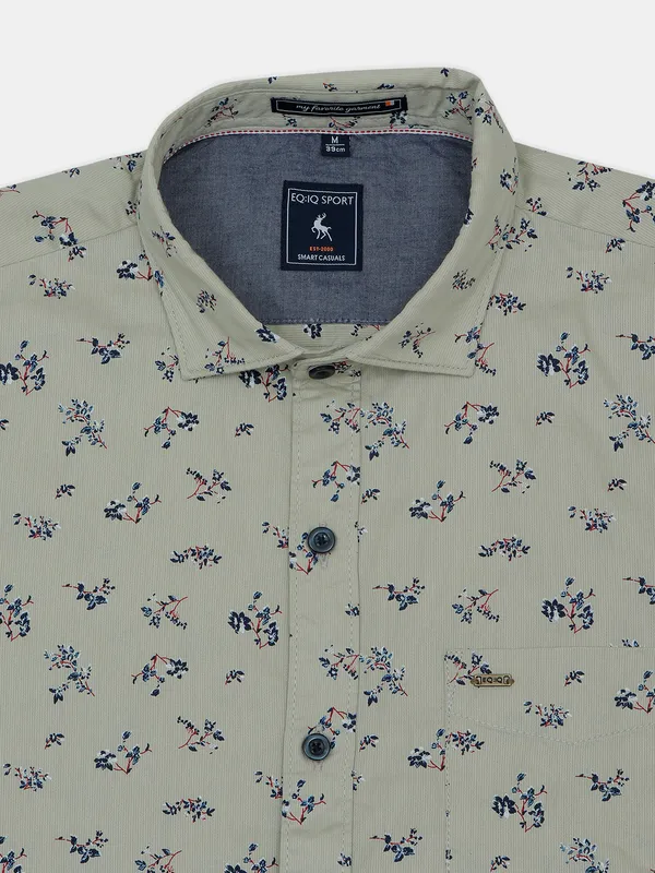 EQIQ cream printed cotton casual wear shirt