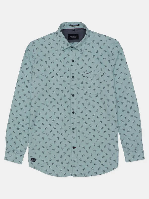 EQIQ sage green printed cotton casual shirt