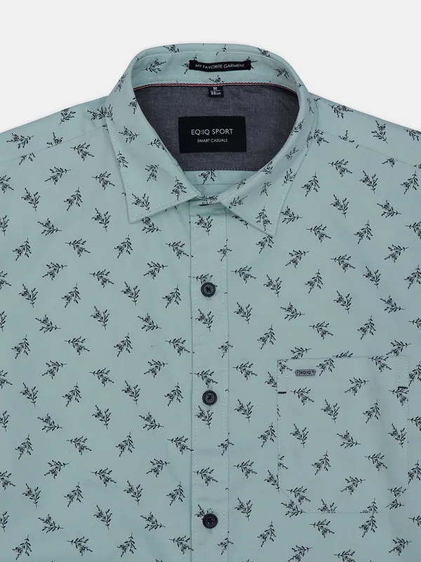 EQIQ sage green printed cotton casual shirt