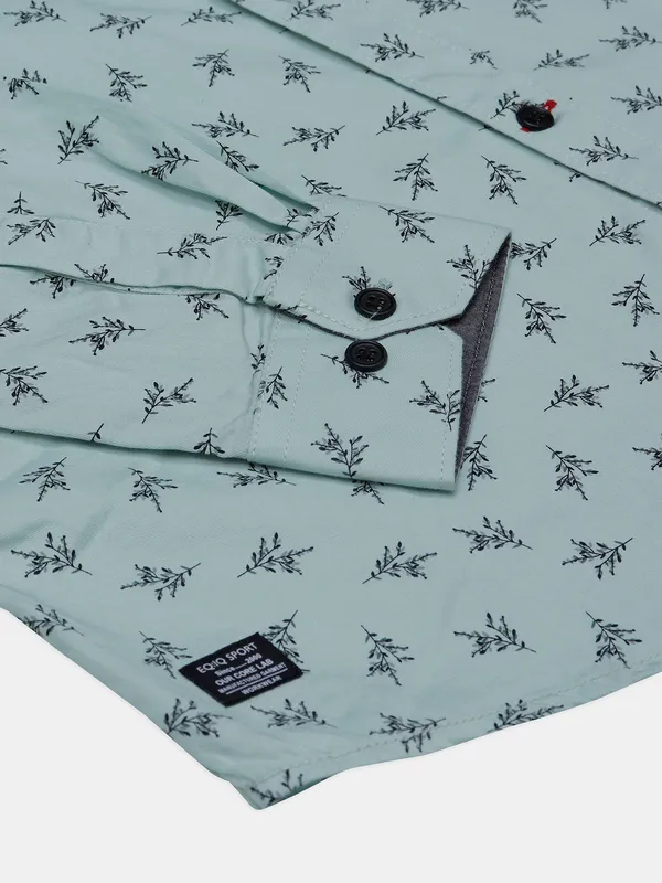 EQIQ sage green printed cotton casual shirt