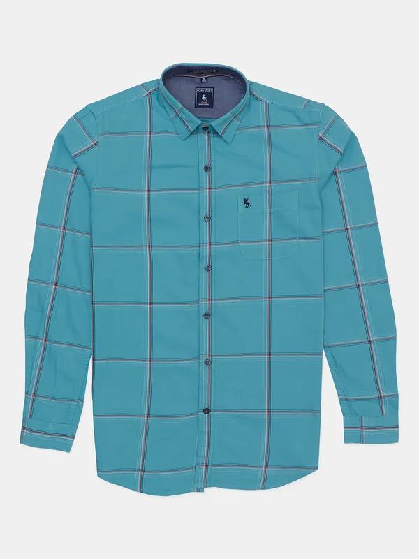 EQIQ sea green checked casual wear shirt for men