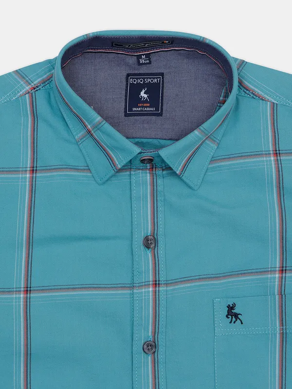 EQIQ sea green checked casual wear shirt for men