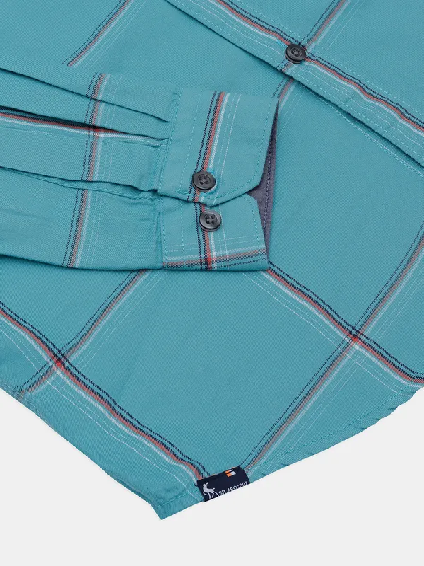 EQIQ sea green checked casual wear shirt for men