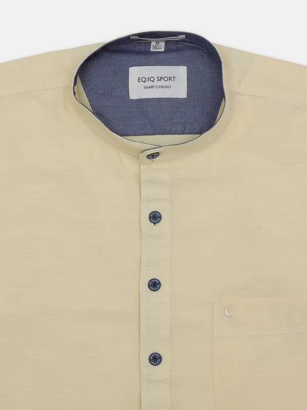 EQIQ yellow checked casual cotton men shirt