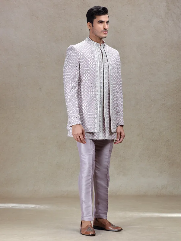 Ethnic charm lilac purple indo western with sequins for wedding