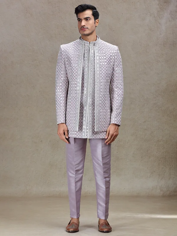 Ethnic charm lilac purple indo western with sequins for wedding