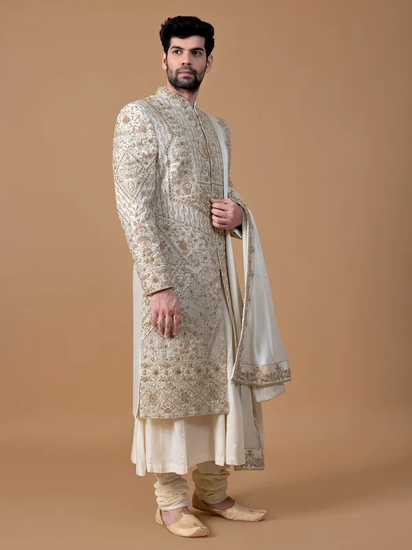 Ethnic cream raw silk sherwani