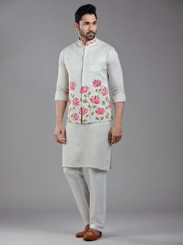 Ethnic glance light beige waistcoat set in linen