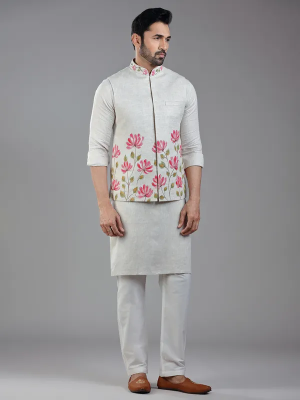 Ethnic glance light beige waistcoat set in linen