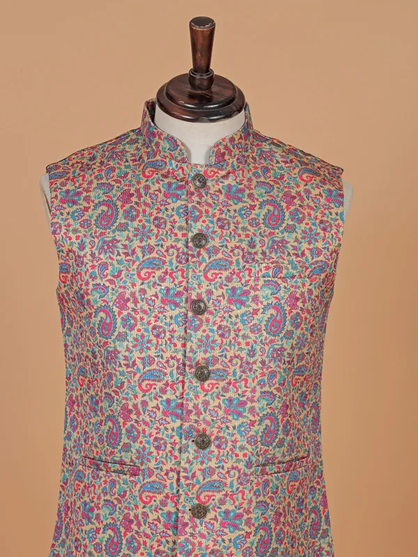 Ethnic printed beige cotton silk waistcoat for festive