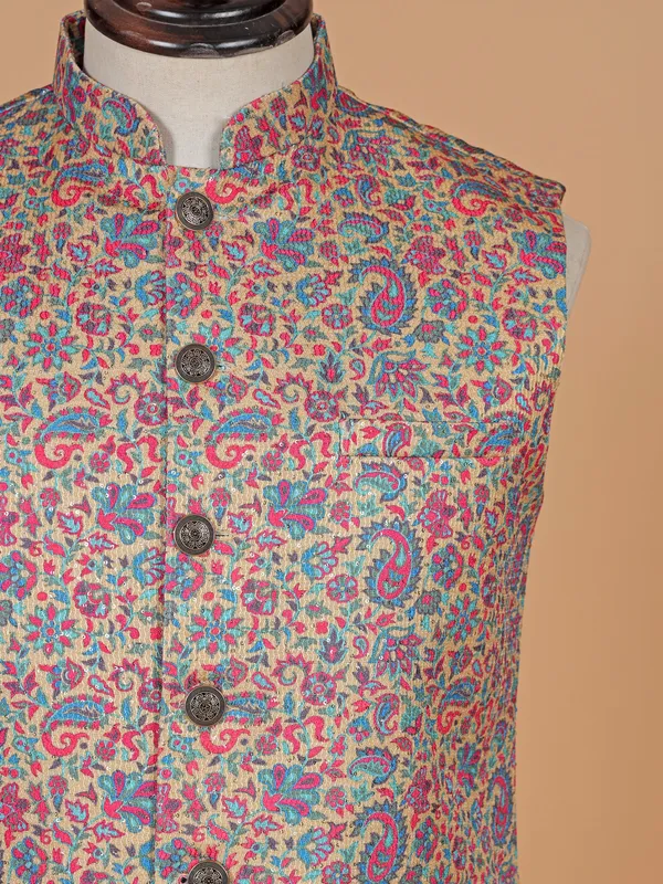 Ethnic printed beige cotton silk waistcoat for festive