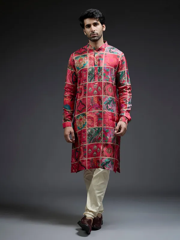 Ethnic printed dark pink silk kurta suit