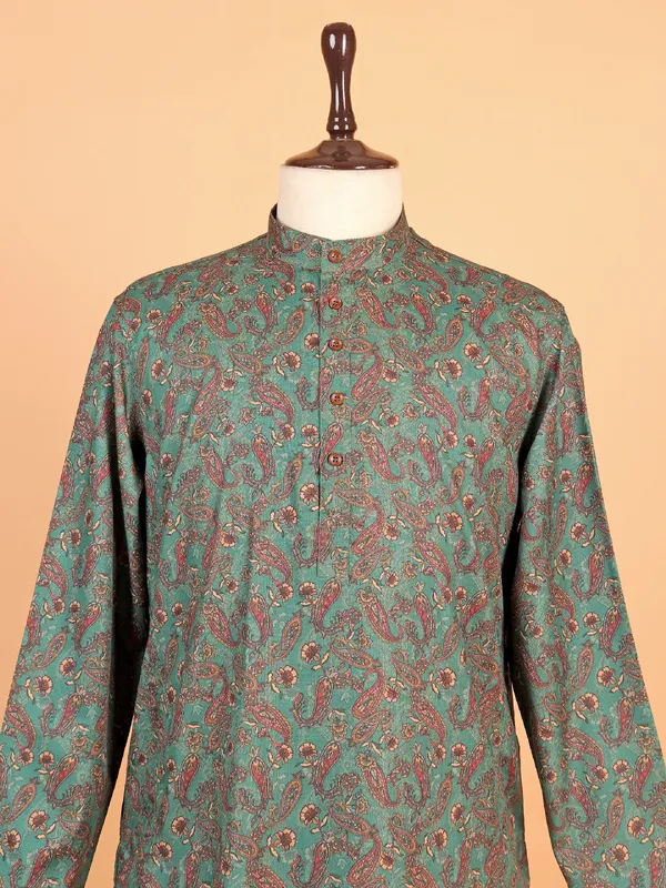 Ethnic printed green cotton kurta suit for men