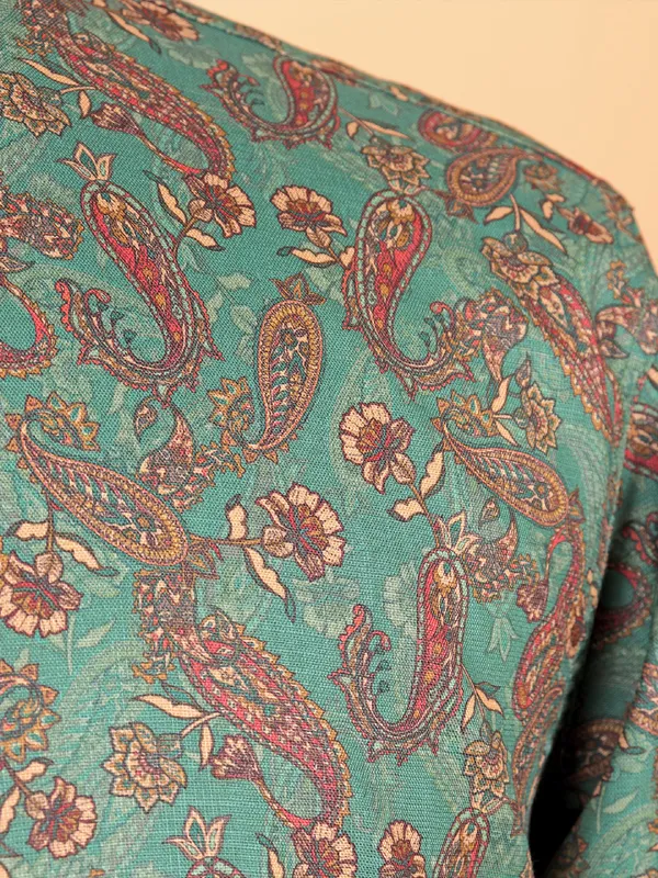 Ethnic printed green cotton kurta suit for men
