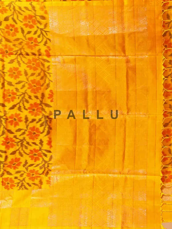 Ethnic saffron yellow silk printed saree