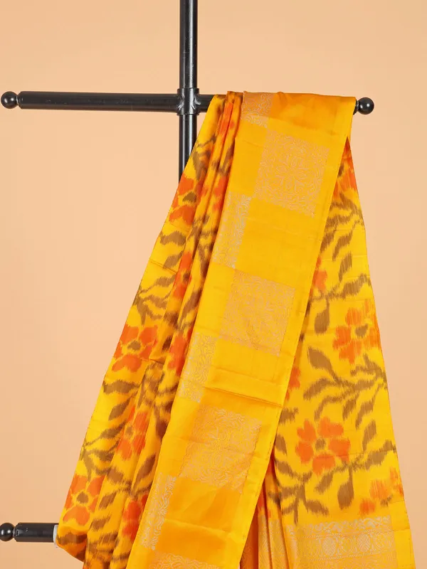 Ethnic saffron yellow silk printed saree
