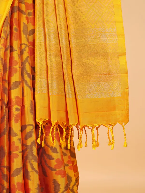 Ethnic saffron yellow silk printed saree
