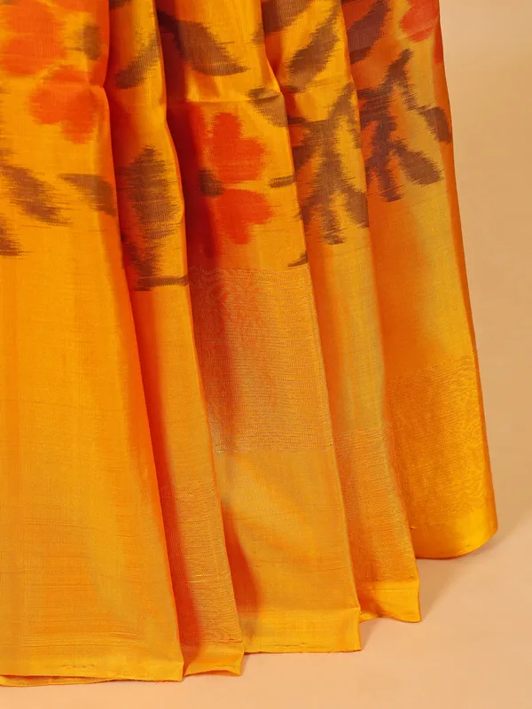 Ethnic saffron yellow silk printed saree