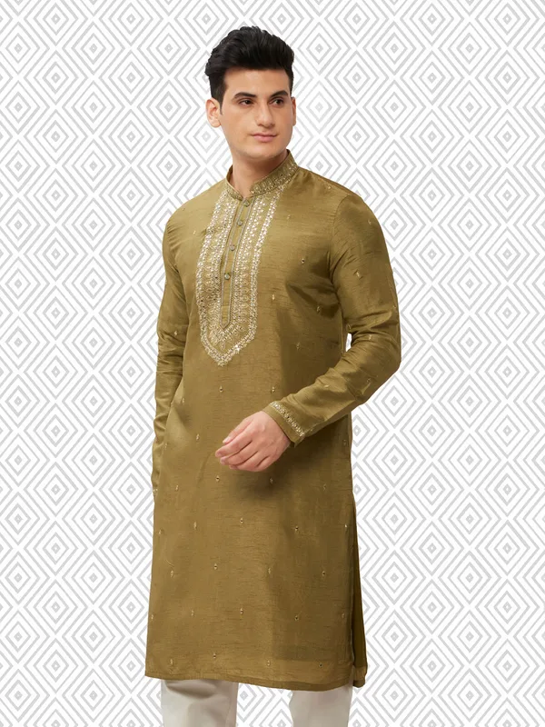 Evergreen olive cotton silk kurta set for men