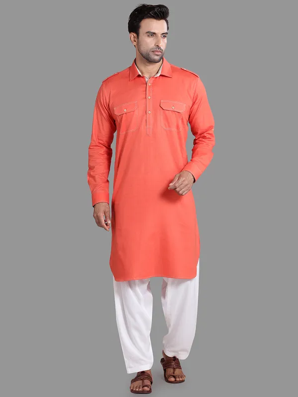 Exclusive orange cotton rayon pathani suit