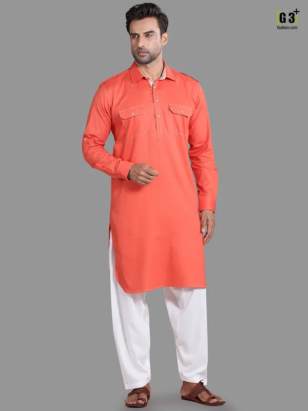 Exclusive orange cotton rayon pathani suit