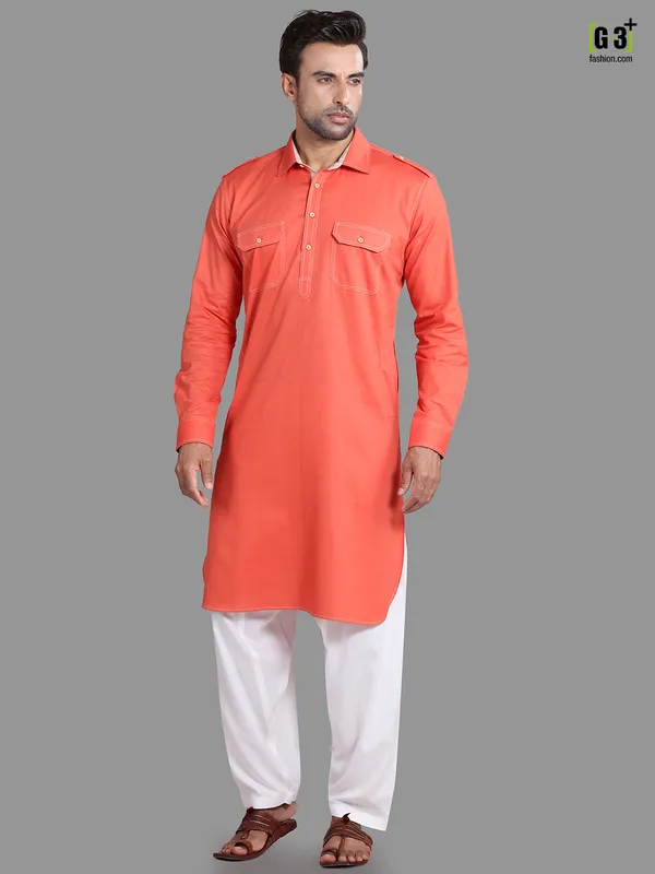 Exclusive orange cotton rayon pathani suit