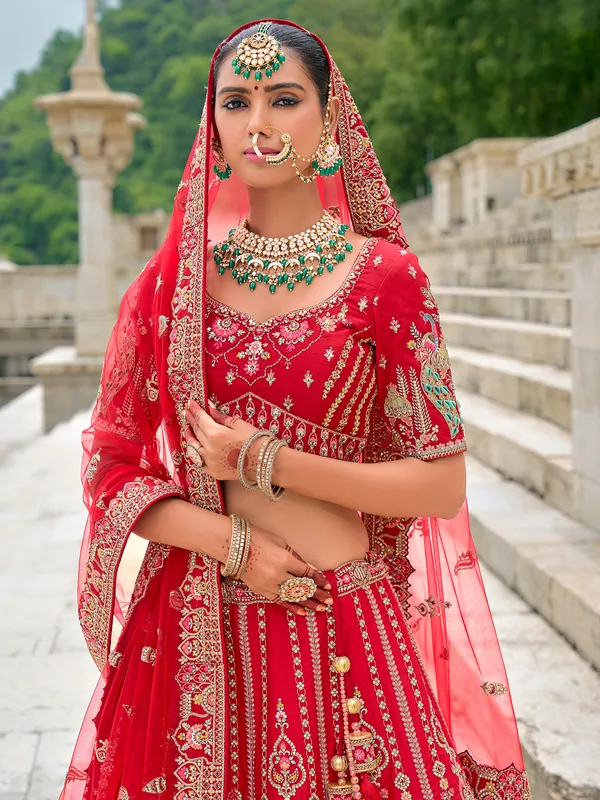 Exclusive red silk unstitched lehenga choli for wedding