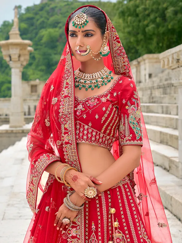 Exclusive red silk unstitched lehenga choli for wedding