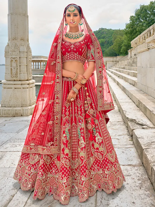 Exclusive red silk unstitched lehenga choli for wedding