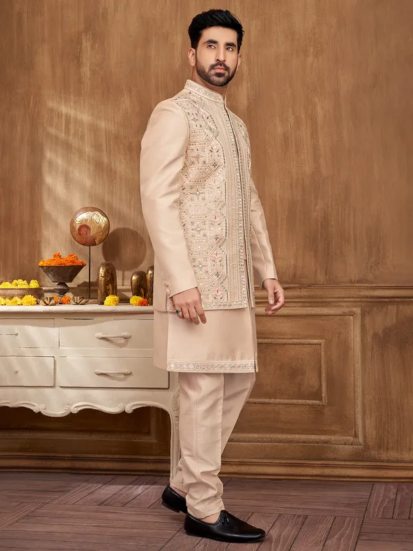 exquisite peach raw silk indowestern jacket for men