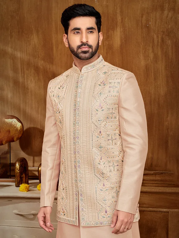 exquisite peach raw silk indowestern jacket for men