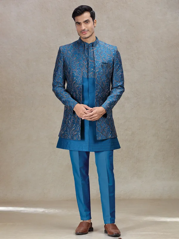 Exquisite rama blue indowestern with rich work