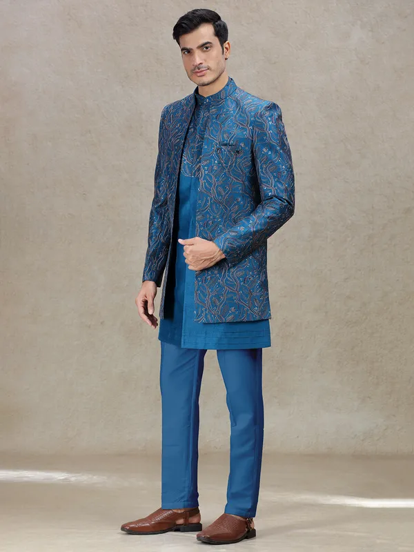 Exquisite rama blue indowestern with rich work