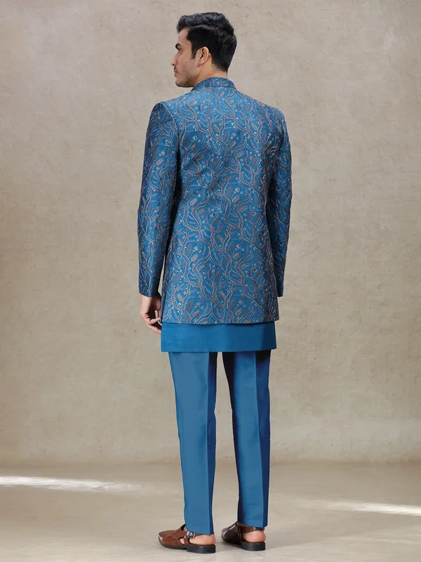 Exquisite rama blue indowestern with rich work