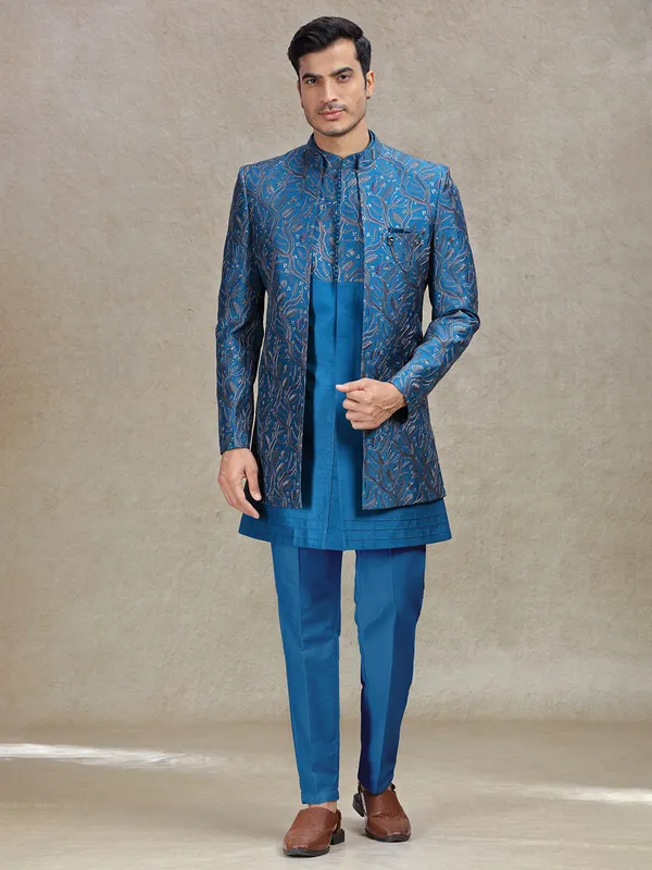 Exquisite rama blue indowestern with rich work