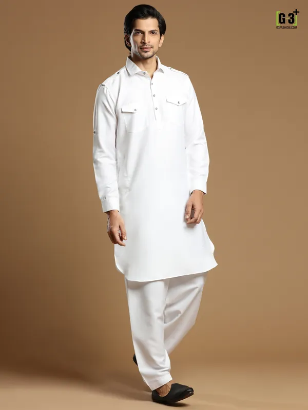 Extraordinary white plain cotton silk pathani suit