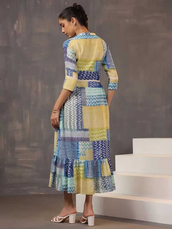 Eye catching beige and blue printed cotton silk kurti