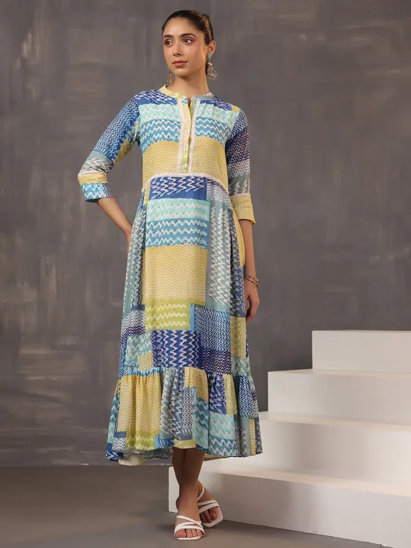 Eye catching beige and blue printed cotton silk kurti