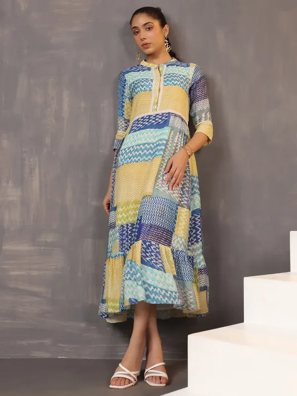 Eye catching beige and blue printed cotton silk kurti