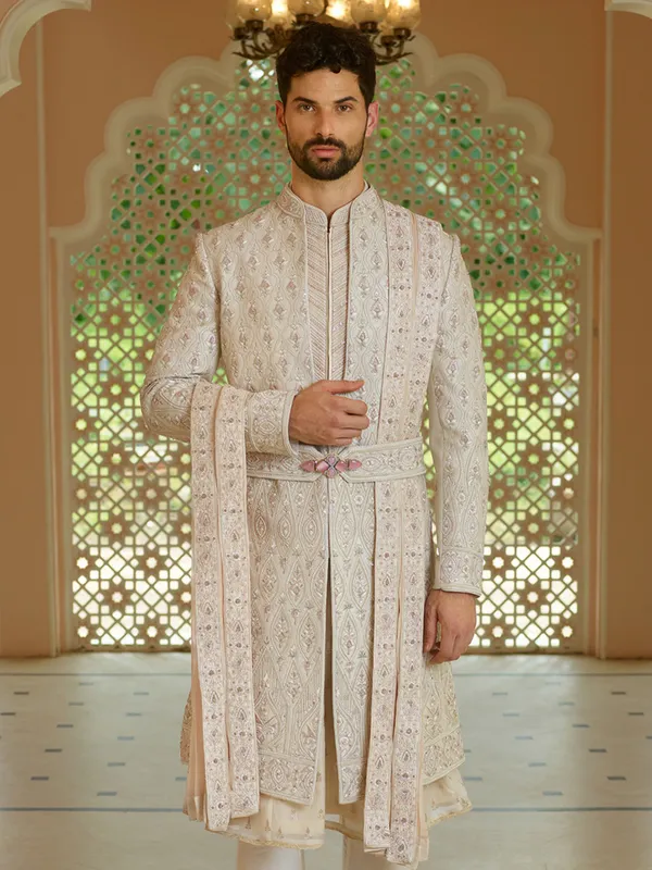 Fabulous beige silk sherwani