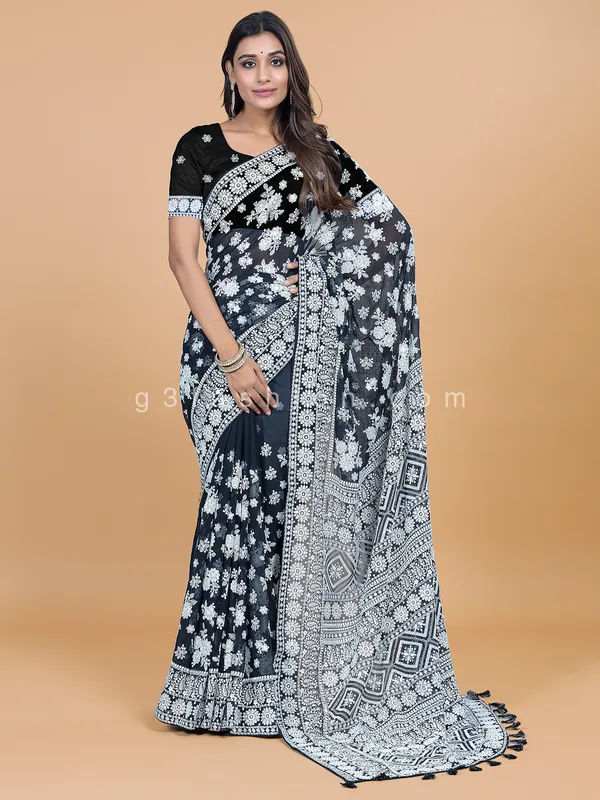 Fabulous black lucknowi georgette saree