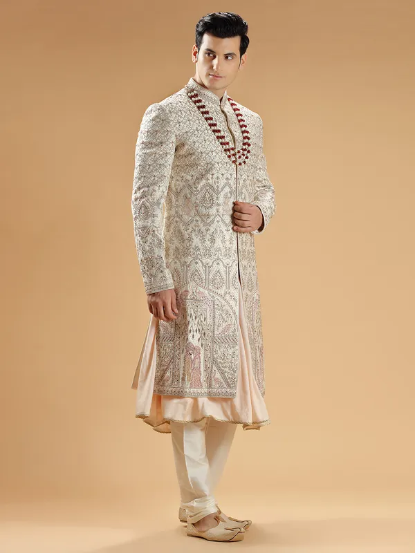 Fabulous cream raw silk sherwani