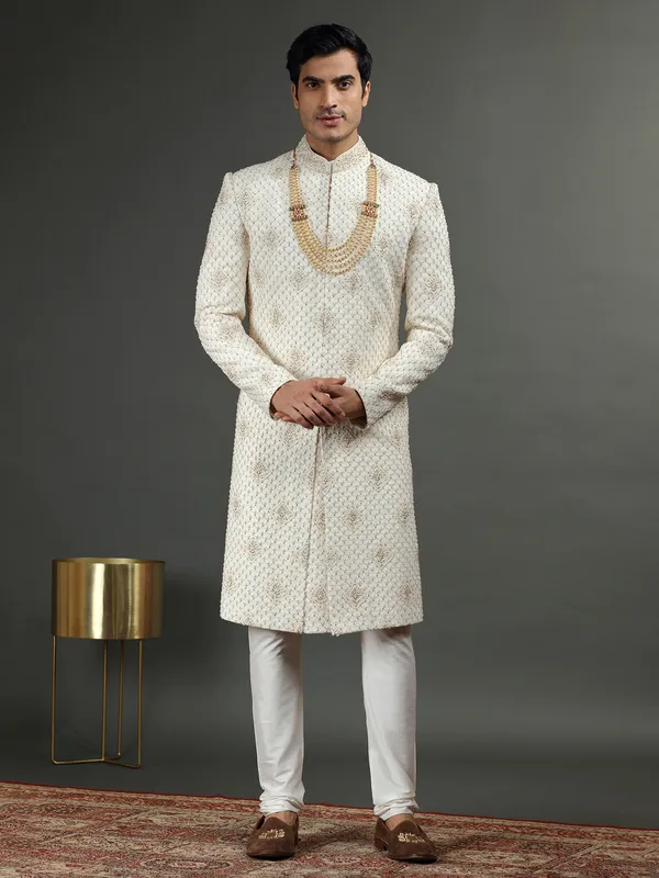 Fabulous cream silk groom sherwani