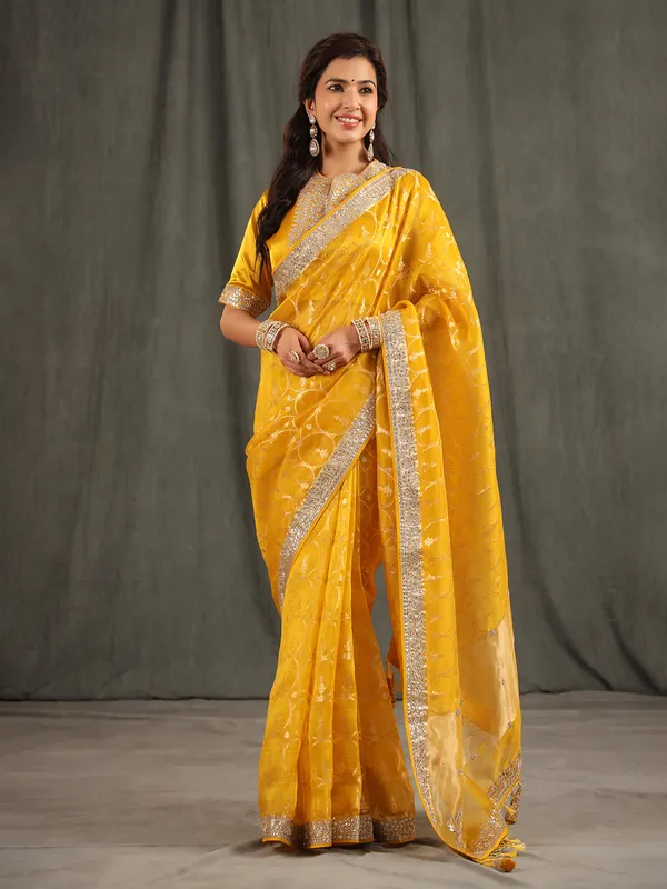 Fabulous dark yellow organza saree