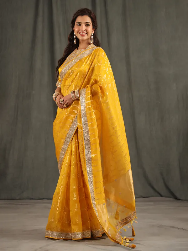 Fabulous dark yellow organza saree