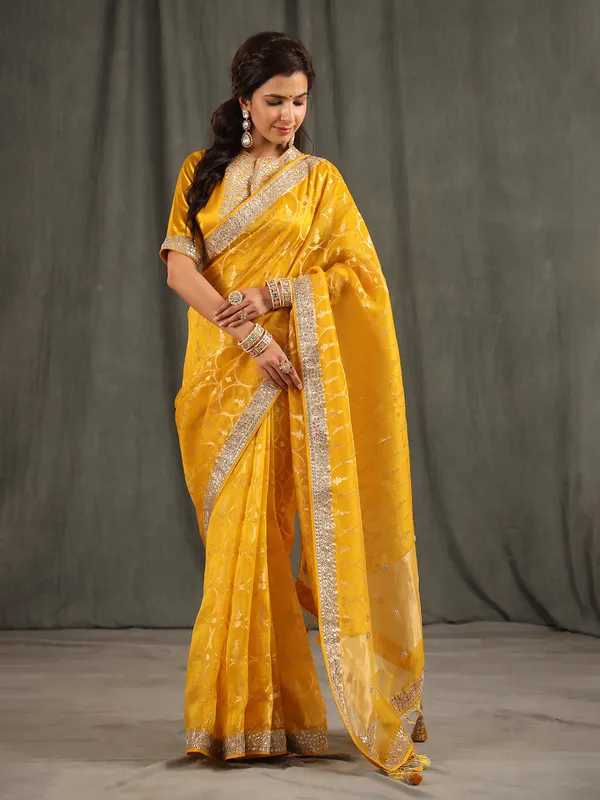 Fabulous dark yellow organza saree